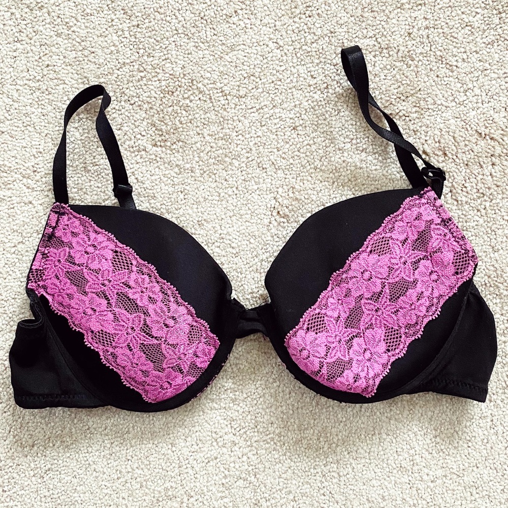 Never Naked black & pink floral lace bra